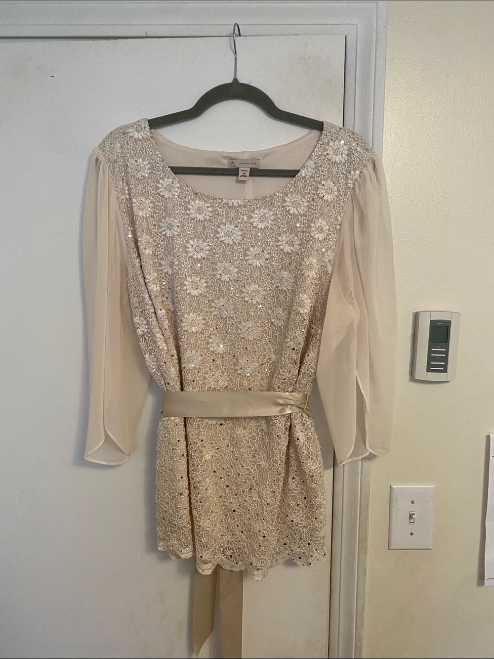 Elegant Cream Lace & Sequin Women’s Dress Shirt with Satin Belt